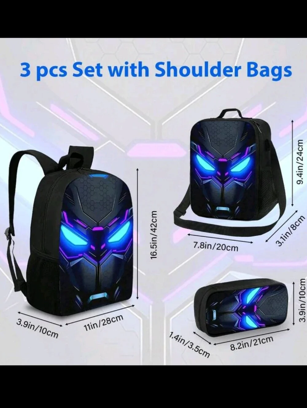 Men's Black Tech-Print Backpack Set with Blue & Purple Accents